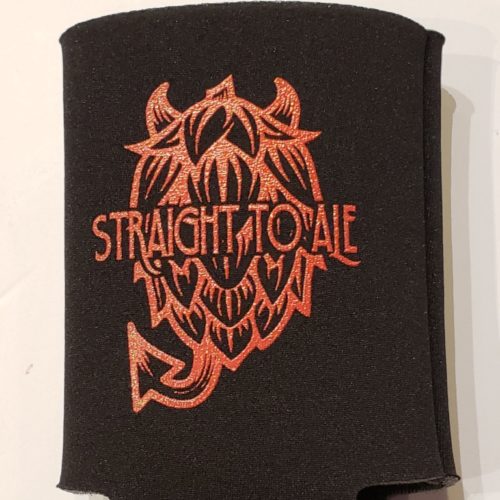 Koozie with Straight to Ale devil hop logo in red.