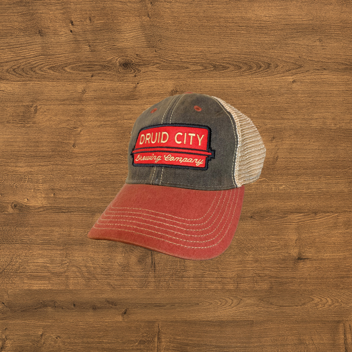 Druid City weathered-looking cap with logo on front and soft mesh on back.