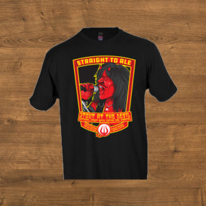 Stout at the Devil can art on a black t-shirt