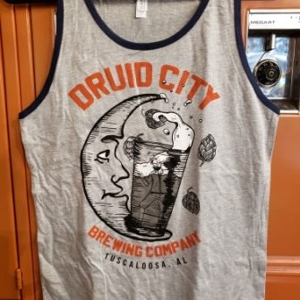 Druid City tank top with Moon and Bo in a large glass of beer