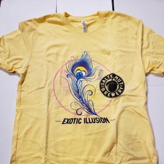 Exotic Illusion can art on the front of a pale yellow shirt