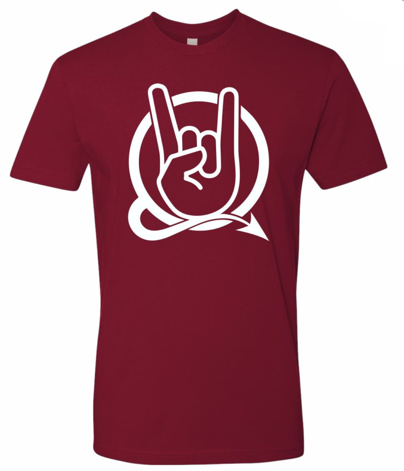 Devil Hand logo in white on a red t-shirt.